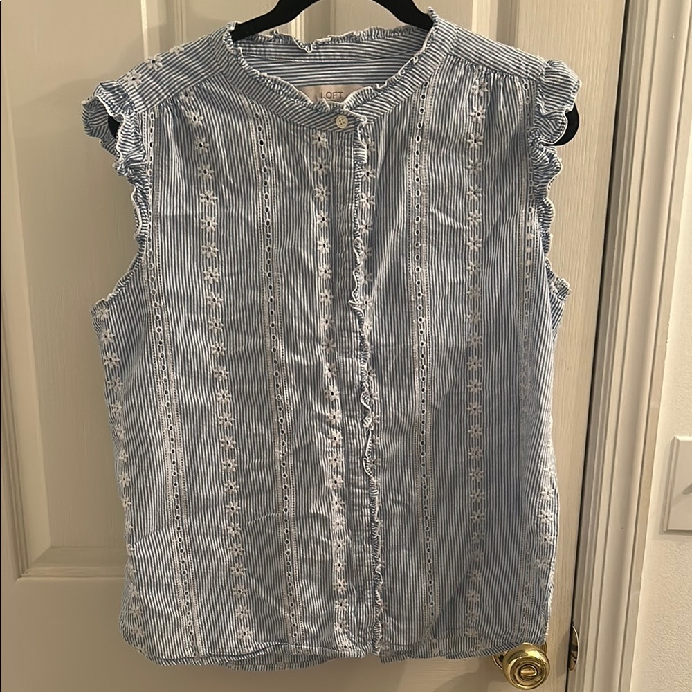 Loft Button Up Blue and White Striped Sleeveless Blouse